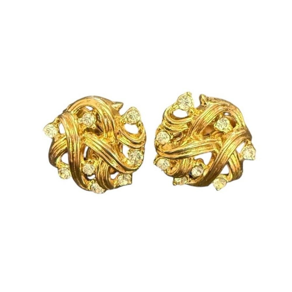 Vintage Crown Trifari Brushed Rhinestone Swirl Clip On Earrings Gold Tone